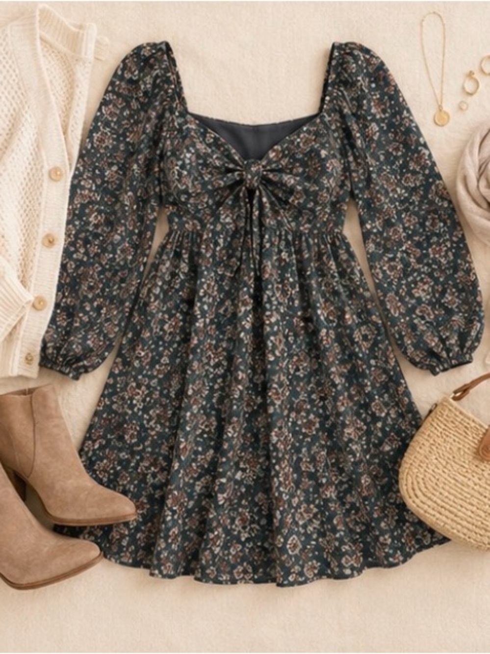 Floral Long-Sleeve Tie-Front Mini Dress